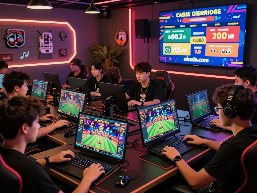 Gamers enjoying competitive gameplay at okwin.com in a vibrant gaming lounge, showcasing online betting and casino excitement.