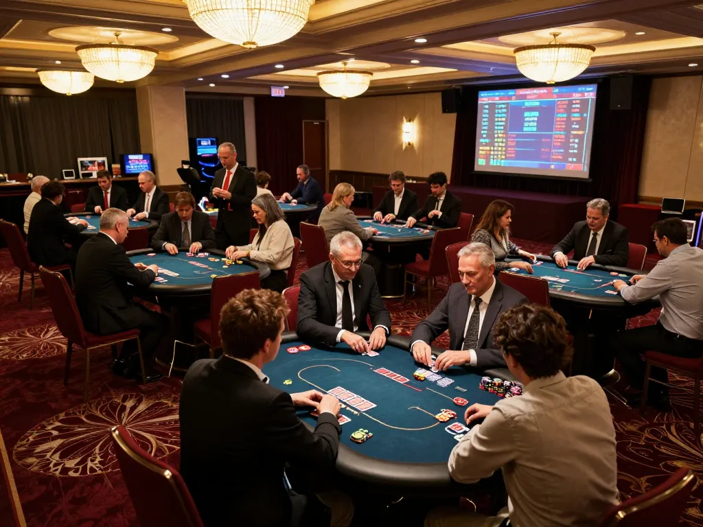ww88 players engaging in a high-stakes poker tournament at an upscale casino, showcasing strategy and excitement.