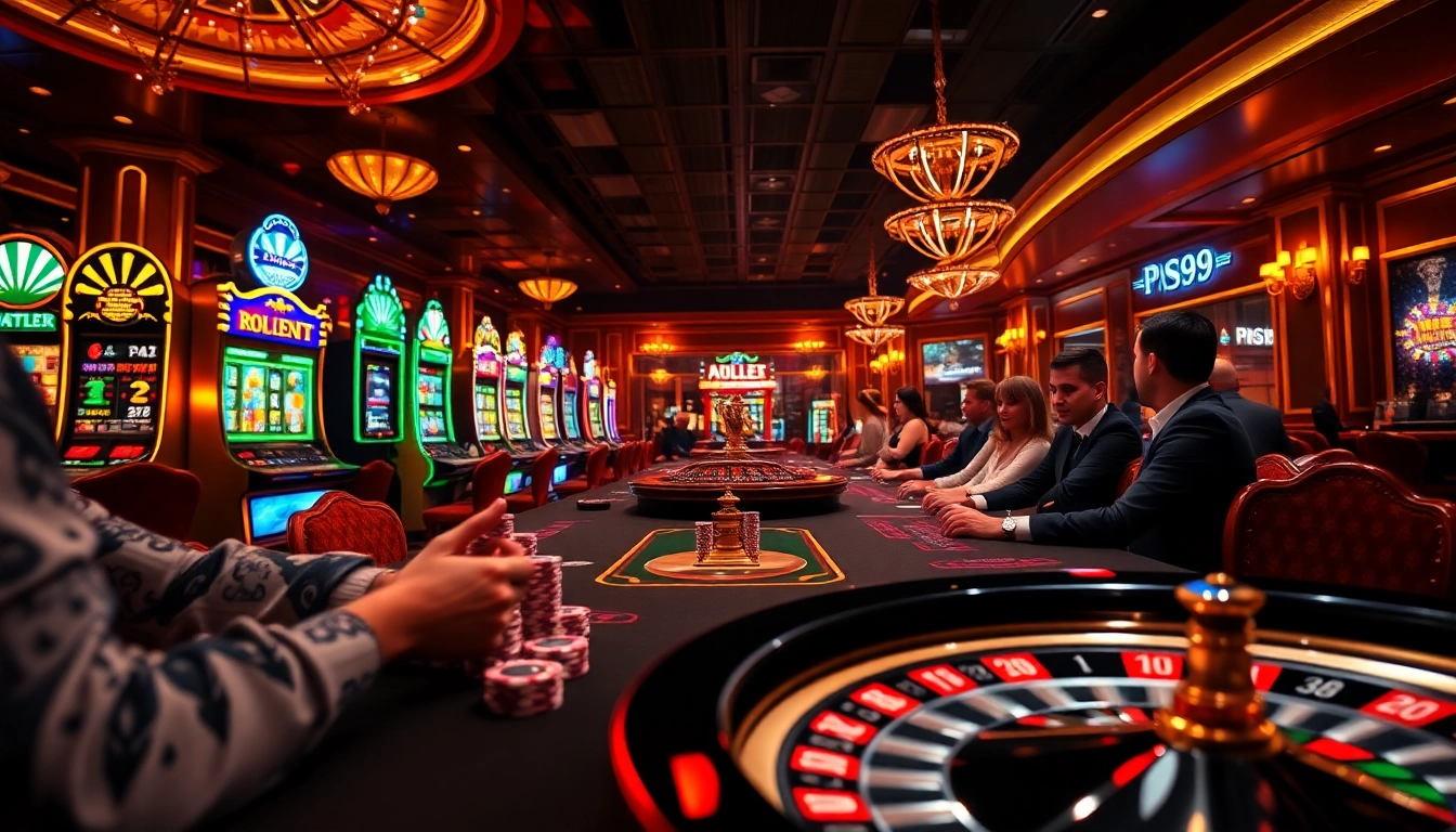 Exciting poker game at PS99 with vibrant casino elements and players engaged in high-stakes action.