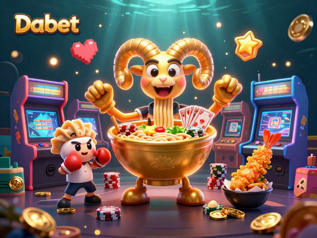 Dabet offers engaging gameplay with a magical ramen bowl character amidst a vibrant casino scene.