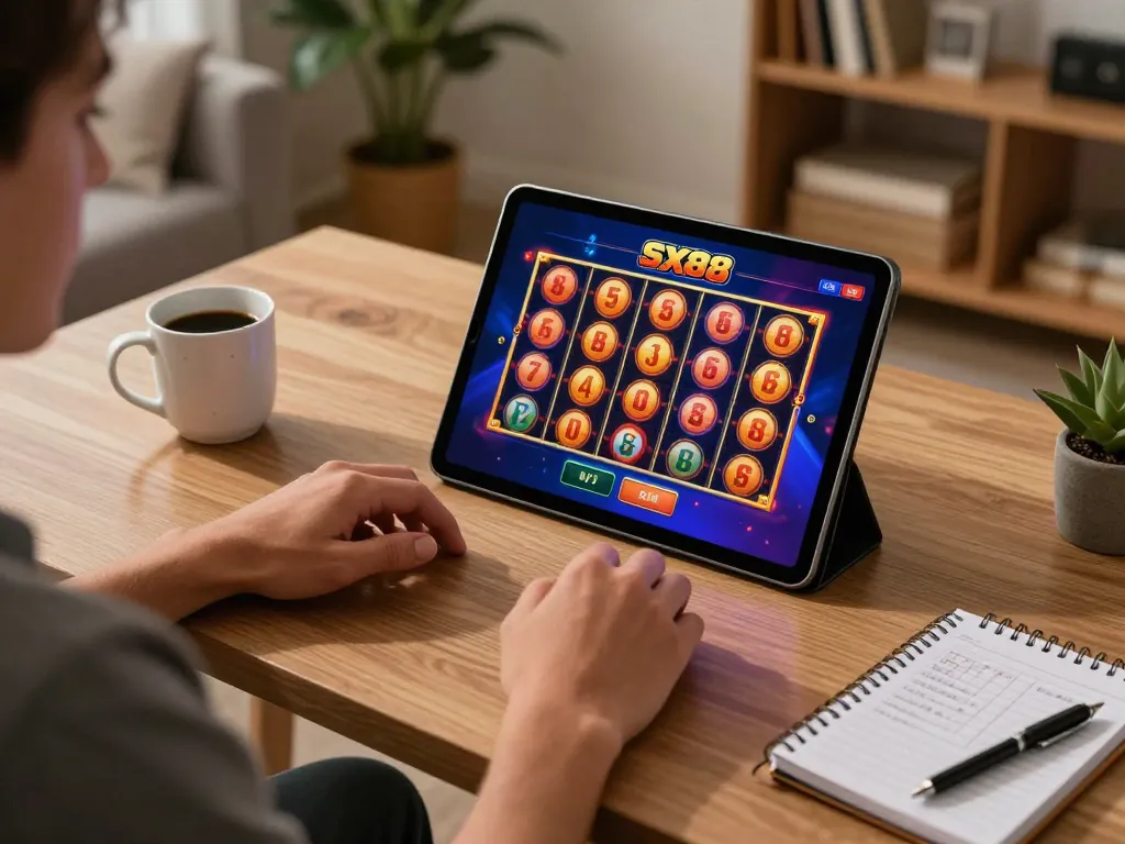 SX88 player enjoying an online casino game on tablet in a cozy home setting with stylish decor.