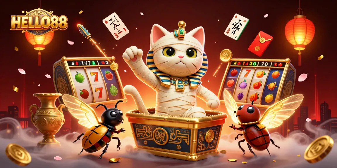 HELLO88 showcases vibrant gameplay with a 3D mummy cat and golden elements in a lively casino scene.