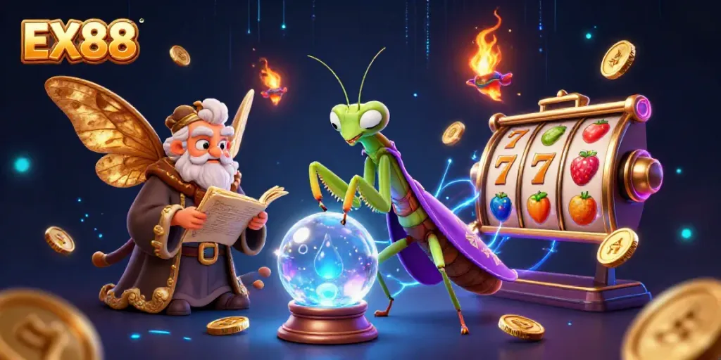 Experience thrilling online slots with EX88, featuring 3D cartoon style illustrations of fortune tellers and vibrant game elements.
