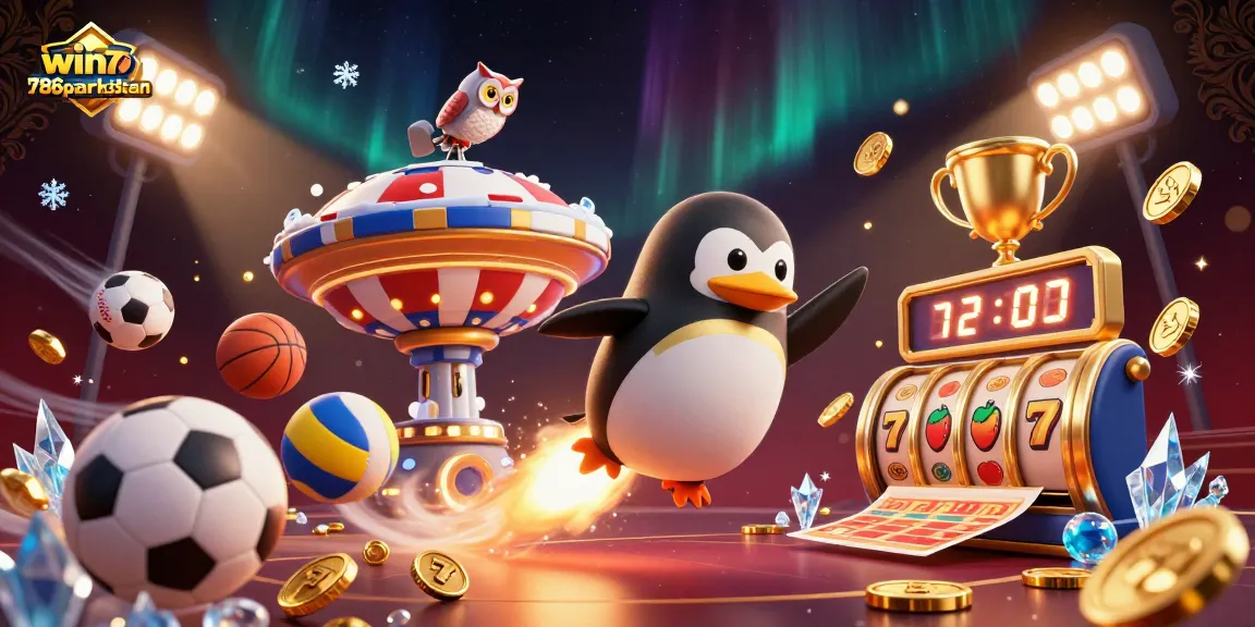 Experience thrilling action with win786parkistan's golden penguin soaring towards the casino space station.