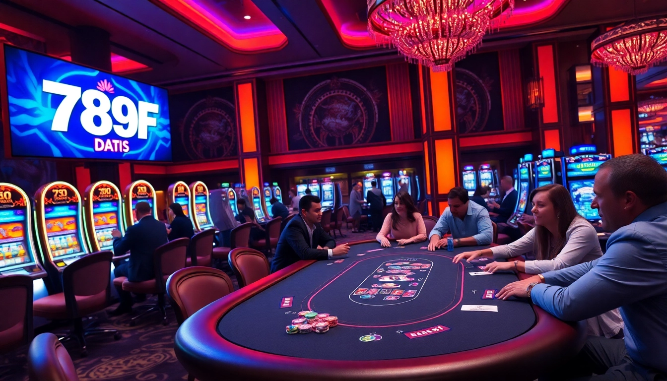Players enjoying high-stakes gaming at 789F casino, vibrant atmosphere with poker and slot machines.