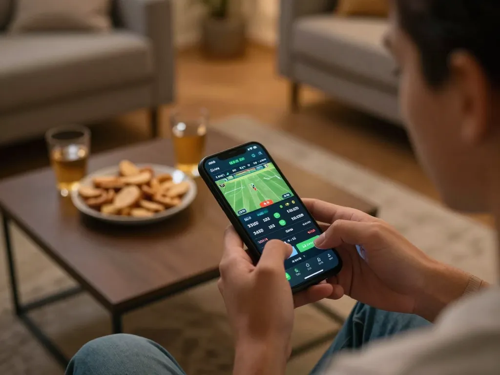 Betting on J88 sports app with live odds displayed on smartphone during exciting game