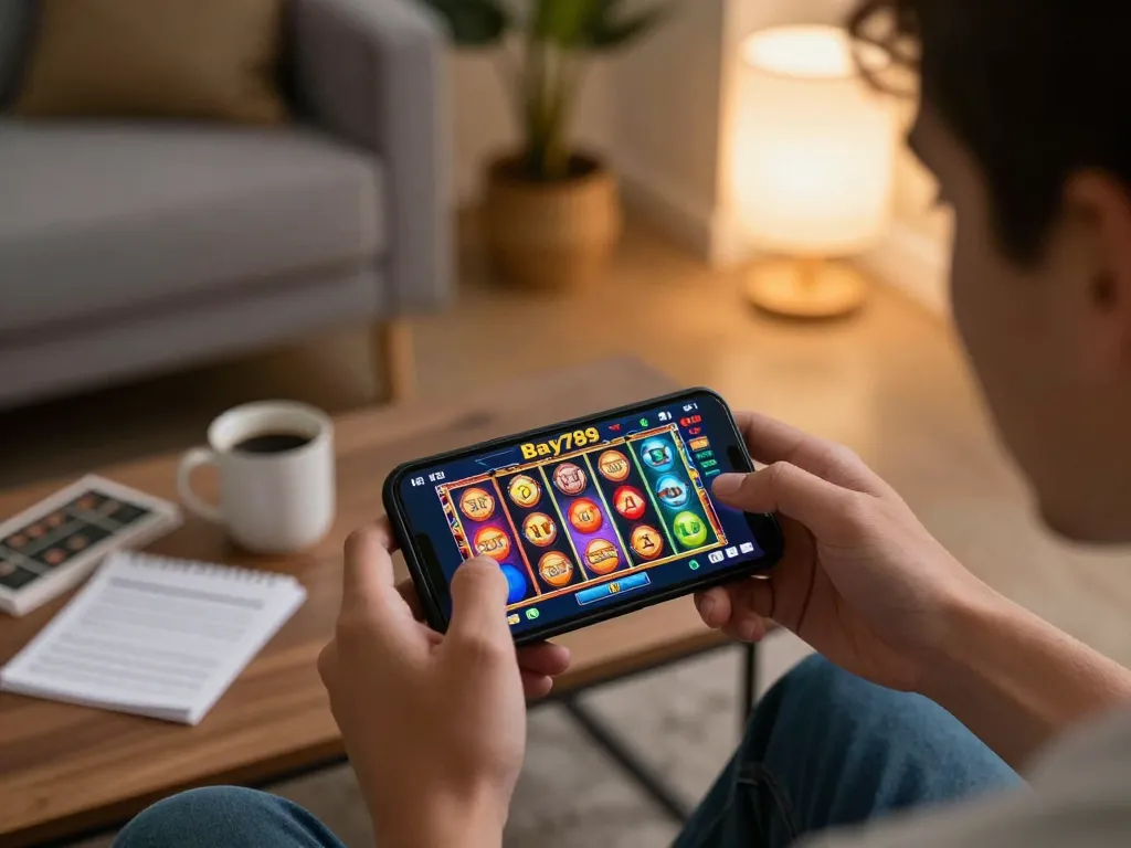 Bay789 user enjoying online slots on a smartphone in a cozy living room setting.