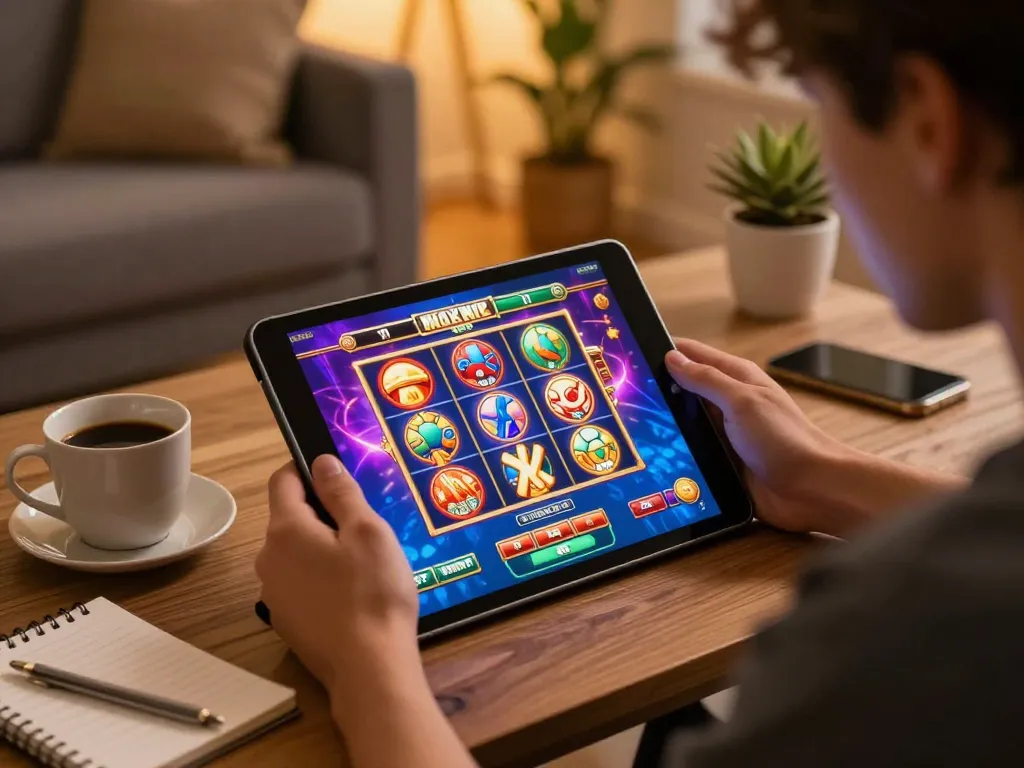 This scene showcases a player engaging with slots at https://cm88seo.com/, emphasizing a cozy online gaming experience.