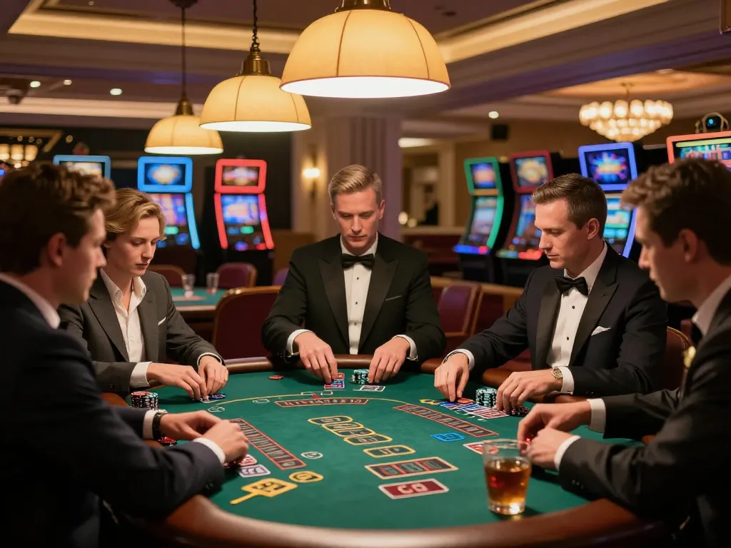 Players at OK365's luxurious blackjack table strategizing their bets in a high-stakes atmosphere.