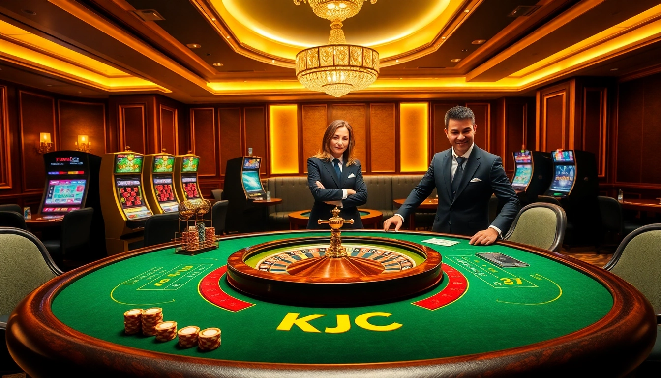 KJC branded casino table with luxury poker chips and active players engaged in betting.