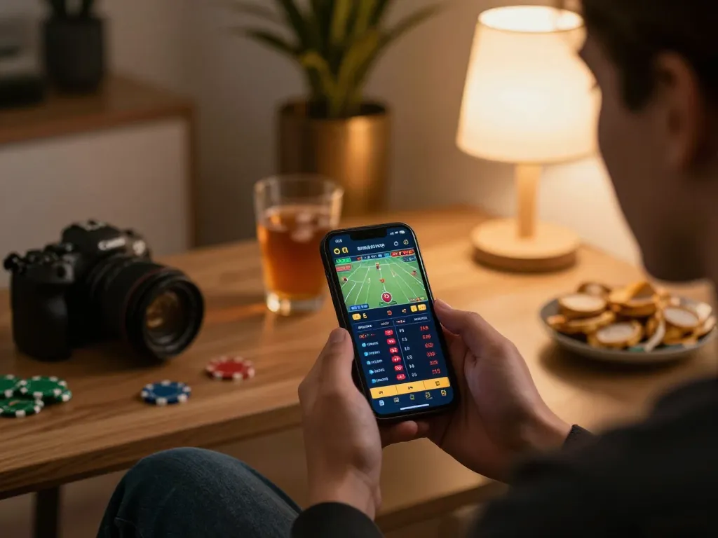 abc999 player engaging in strategic sports betting on a smartphone in a cozy home setting