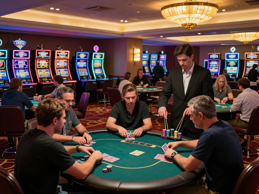 Engaged players strategizing at a lively poker tournament at https://rr88.wales/, showcasing a vibrant casino atmosphere.