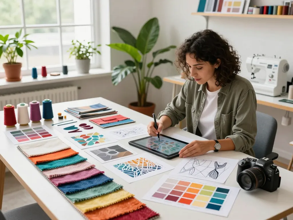 Designer exploring innovative textile designs in a vibrant sunwin studio environment.
