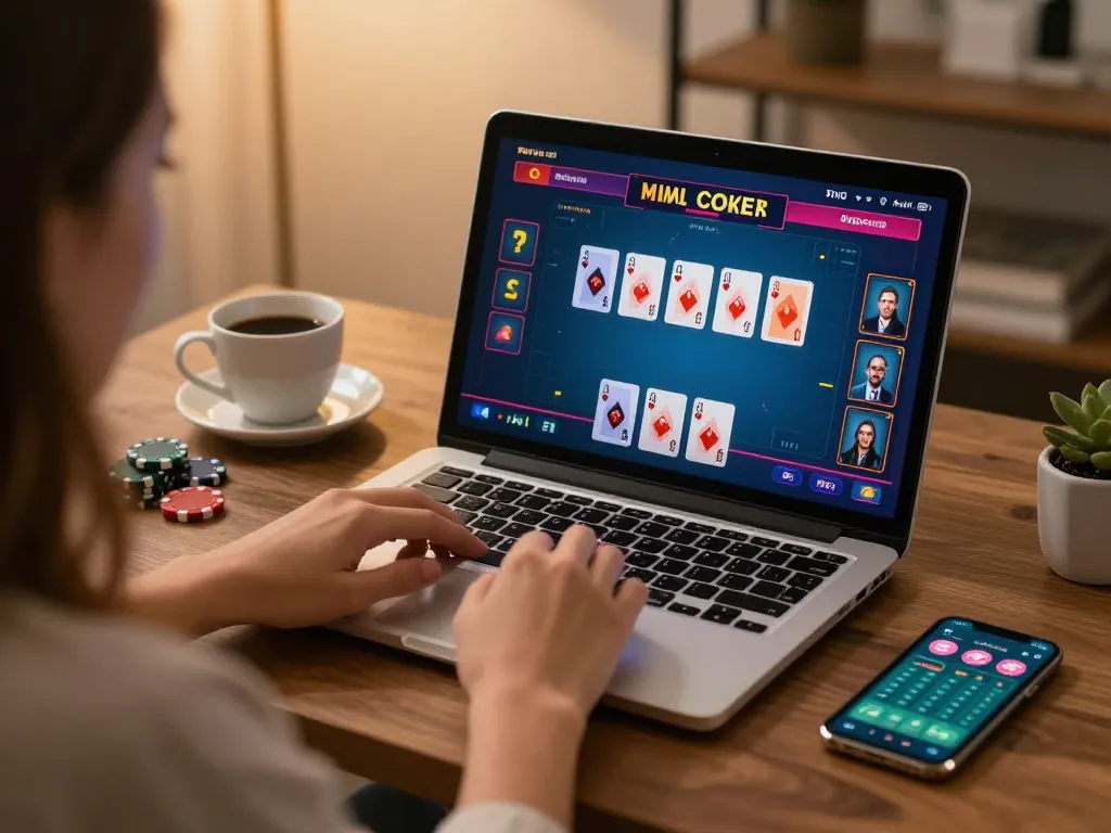 cm88 poker game interface displayed on a sleek laptop with cozy atmosphere in home office