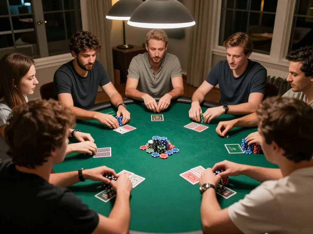 KJC poker night with friends playing cards and stacking chips, showcasing social gaming atmosphere.