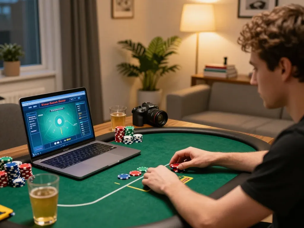 Engaged player strategizing in an ee88 online poker game setup showcasing competitive gameplay.