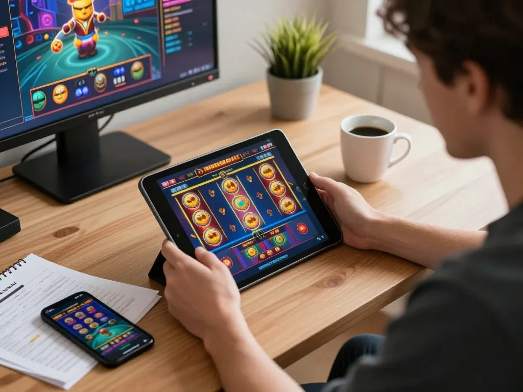 Enjoy playing online casino slots on a tablet while sipping coffee at home.