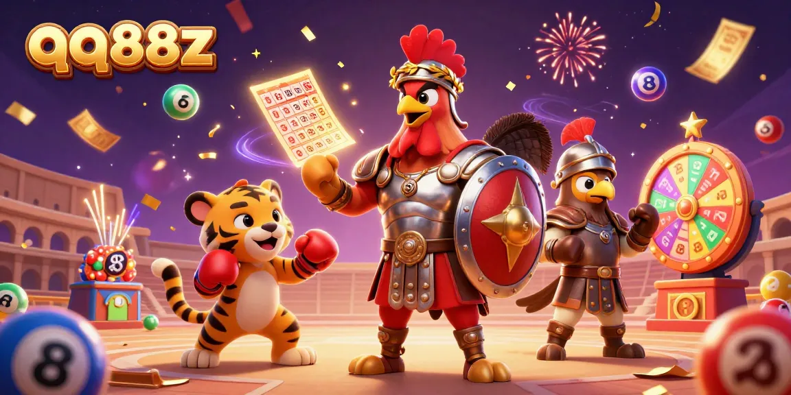Engage with the excitement of qq88z in this vibrant 3D casino illustration featuring dynamic lottery elements.