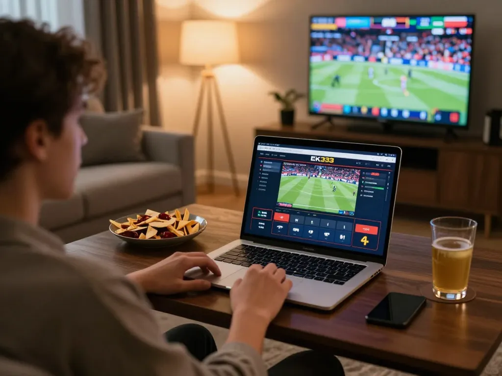 EK333 user engaged in online betting on a stylish laptop in a cozy home setting.