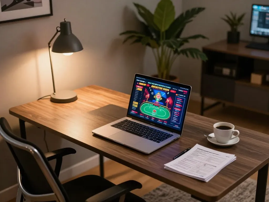 Engaging online poker gameplay scene at https://tg88uk.com/ with vibrant graphics on laptop screen and cozy home setting