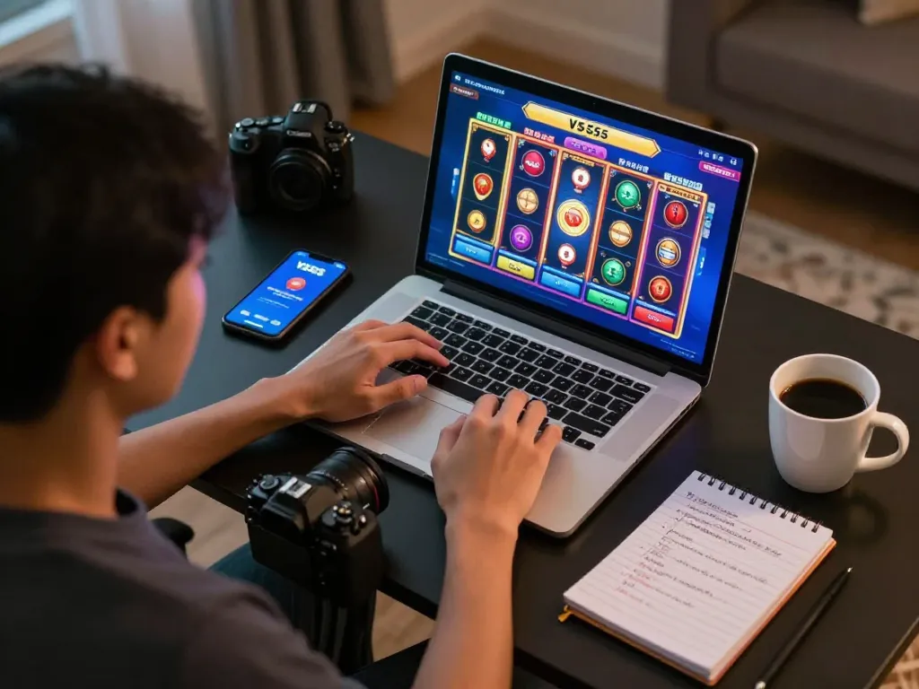 Engaged player at home using their laptop for VS555 Bangladesh online gaming experience with strategies and notes.