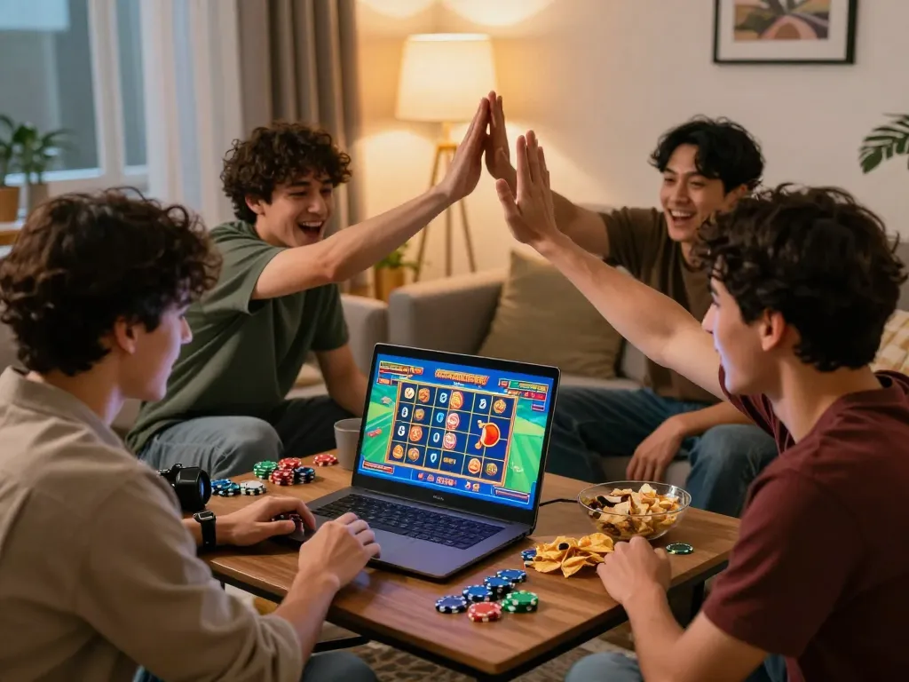 Friends enjoying an exciting online gaming session at home with 789p com.