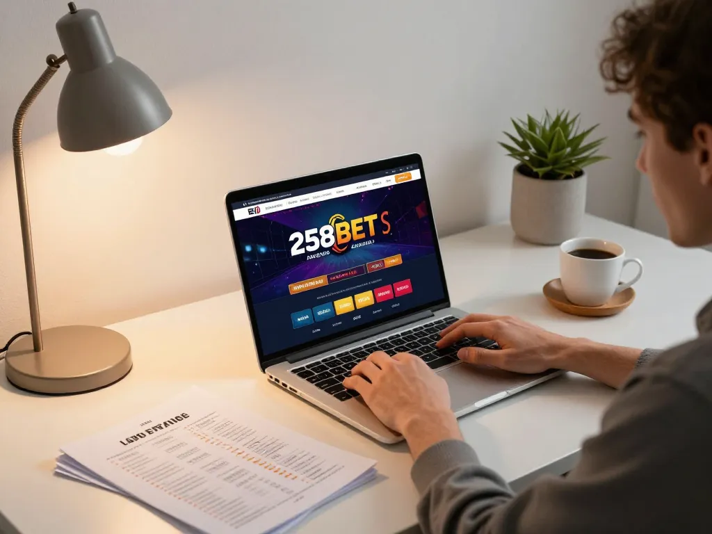 Engaging gaming moment with 258bet visible on the laptop screen, showcasing the excitement of online gambling.