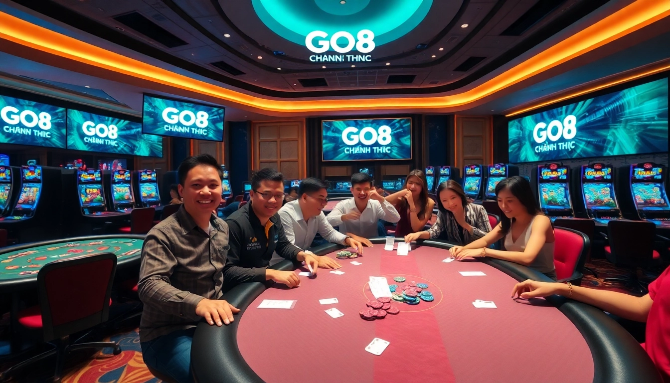 Experience the thrill of GO8 CHÍNH THỨC with players celebrating wins at a vibrant casino.