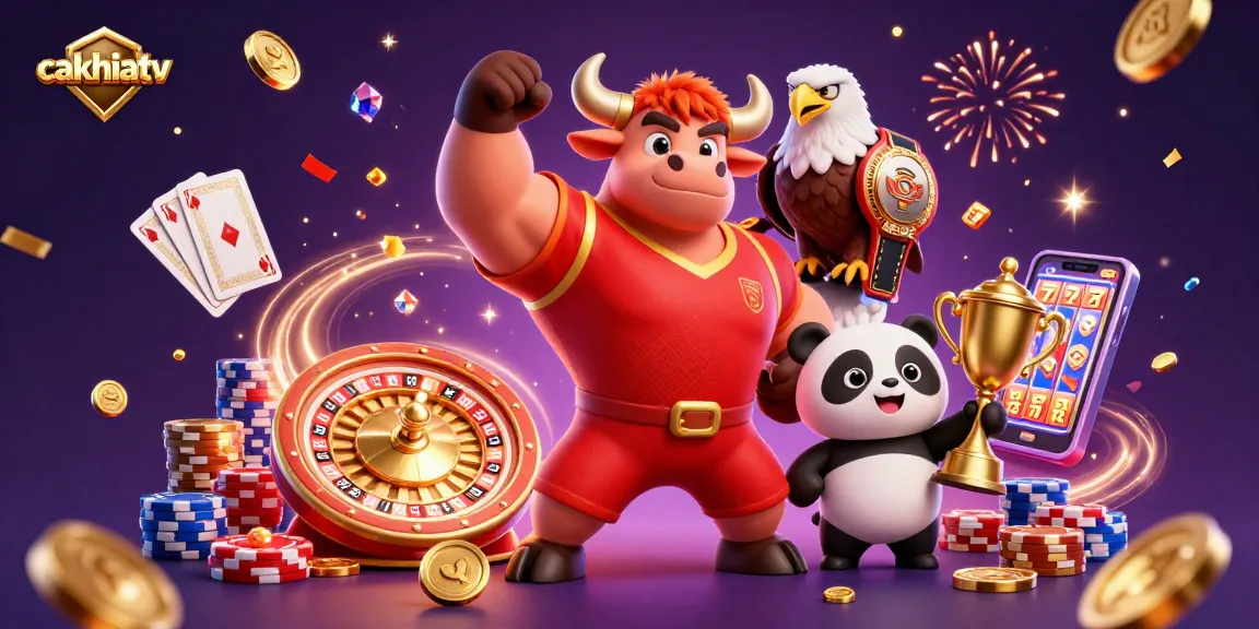 Cakhiatv sports betting illustration with a bull, eagle, and panda celebrating wins