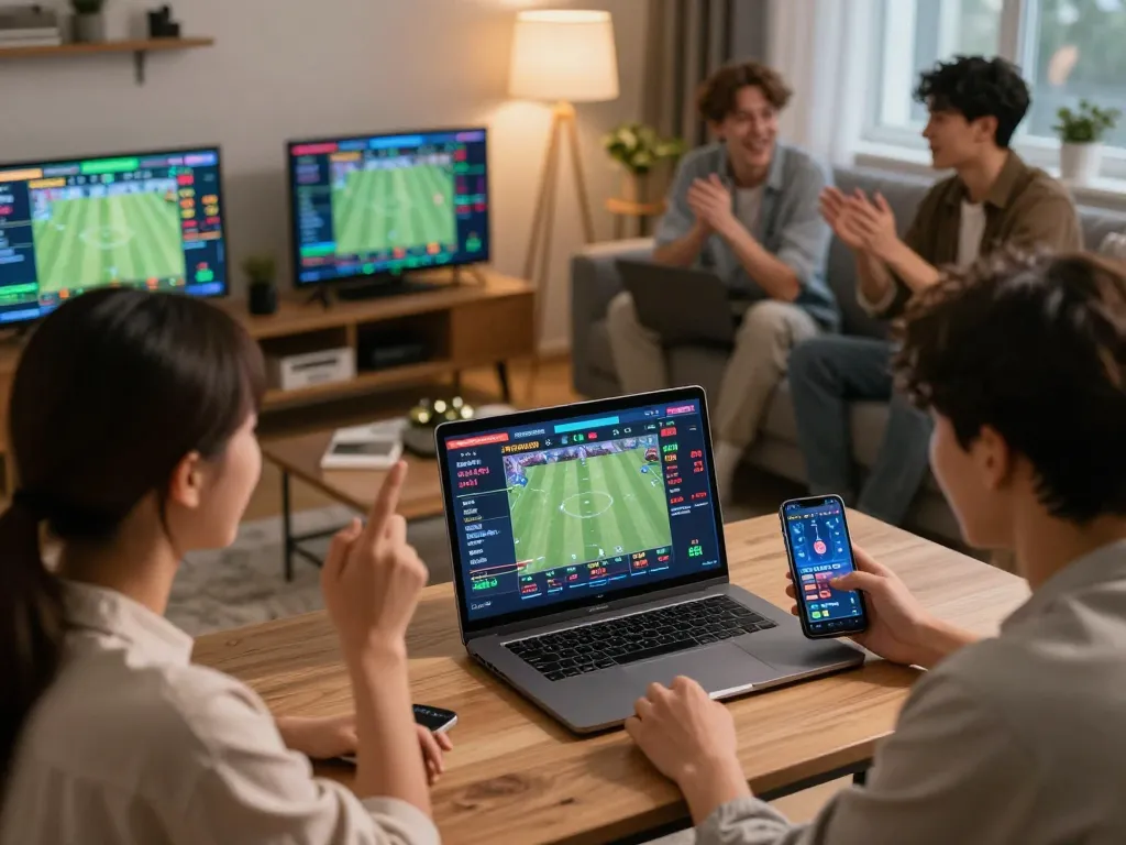 Person engaging in online betting at fun79 com while gathered with friends, showcasing a lively environment.