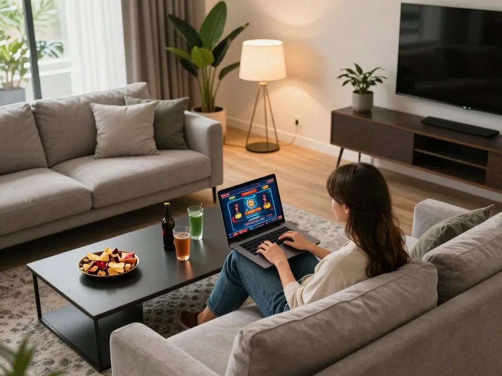 Person engaged in online gaming at MMOO, surrounded by cozy home decor and snacks.