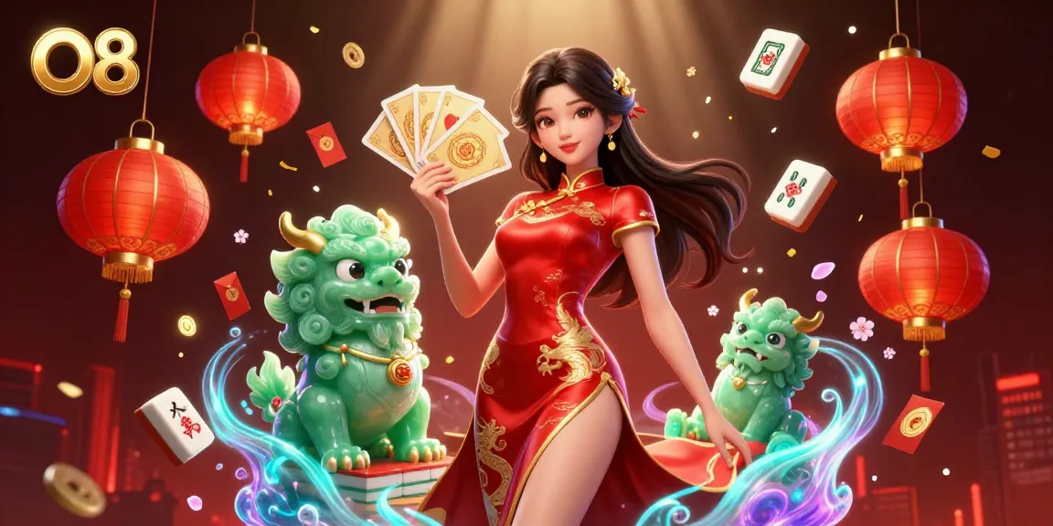 Experience O8's thrilling casino world with an elegant woman, jade lion, and festive elements.