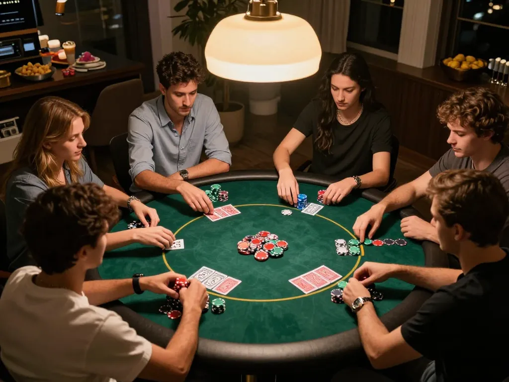 A lively home poker night with friends playing Texas Hold'em, showcasing chips and cards, emphasizing the fun of 888b.