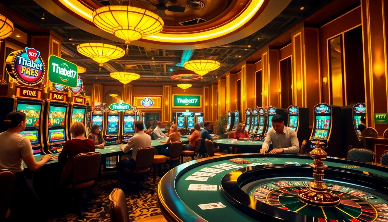 Thabet77 players enjoying high stakes at a luxurious casino table with vibrant slot machines.