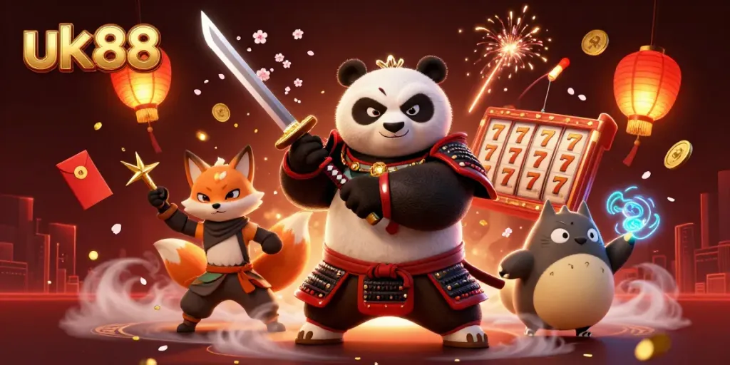 Engage in exciting gaming at uk88, featuring samurai panda and ninja fox in a vibrant casino illustration.