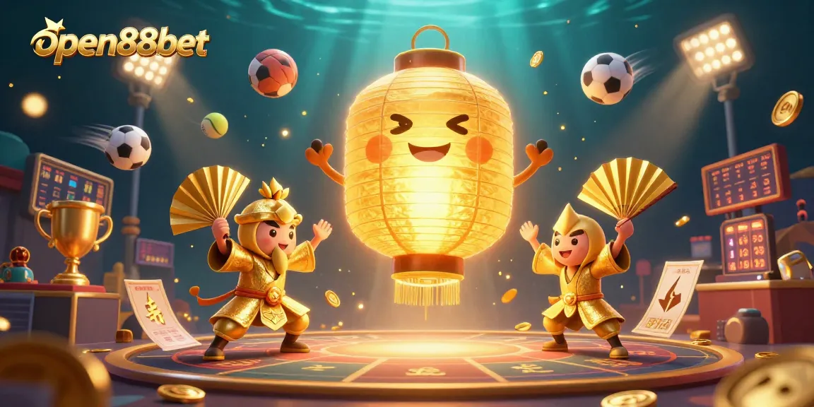 Win big with open88bet in a vibrant 3D casino scene featuring dynamic game elements and lucky symbols.
