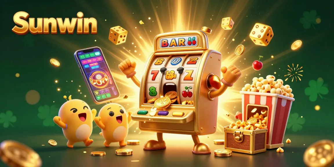 Sunwin offers exciting casino games with a 3D golden slot machine celebrating jackpots and festive elements.