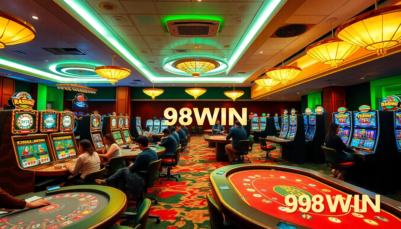 Exciting gaming atmosphere at a 98WIN casino showcasing players enjoying various games.