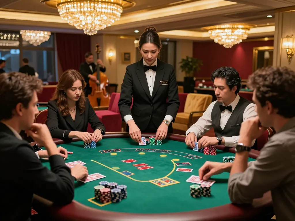 MM88 players strategizing at a blackjack table under ambient casino lights.