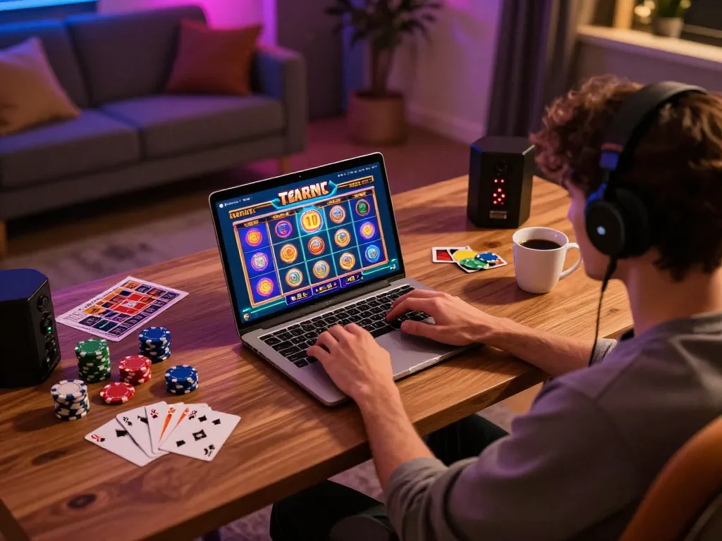 Engaged player exploring 678 jackpot slots on their laptop in a cozy home gaming setup.