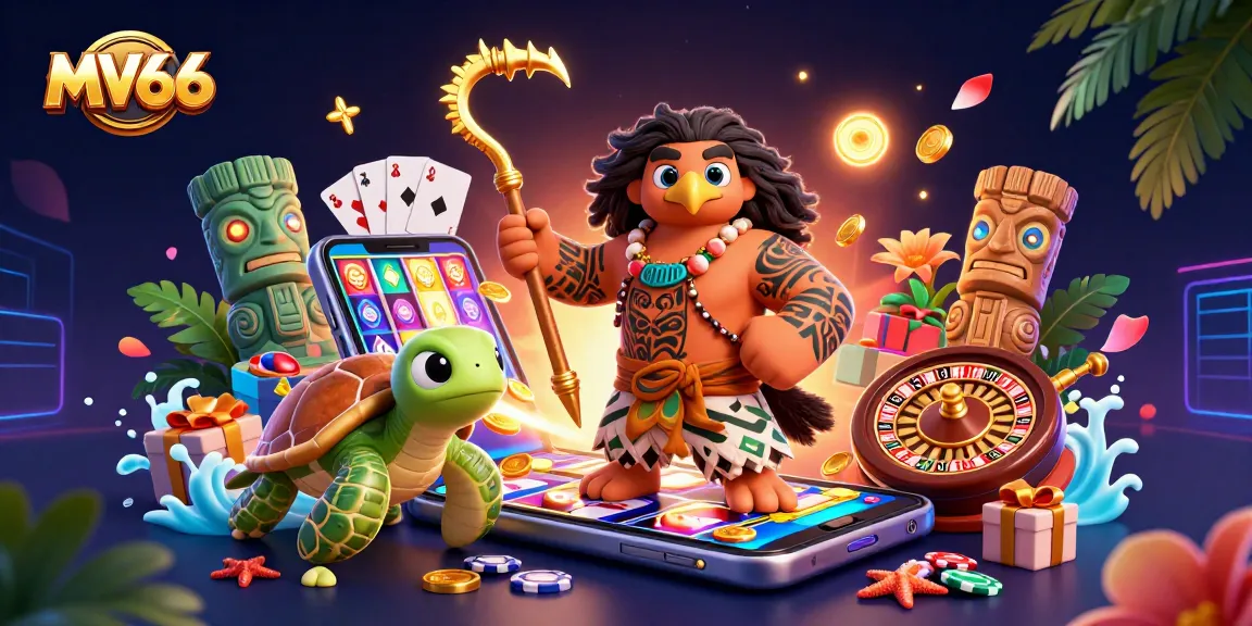 MV66 showcases a vibrant 3D casino scene with winning characters, dynamic slot game elements, and festive decorations.