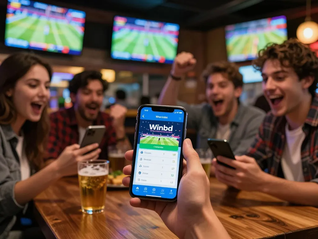 Betting on sports using the Winbd app in a lively bar setting during a game.
