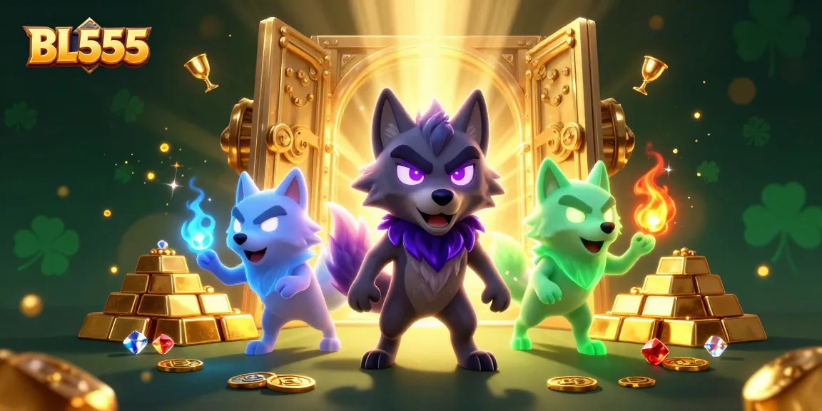Experience high-stakes gaming with BL555's shadow wolf leader amidst treasure, gems, and casino glamour.