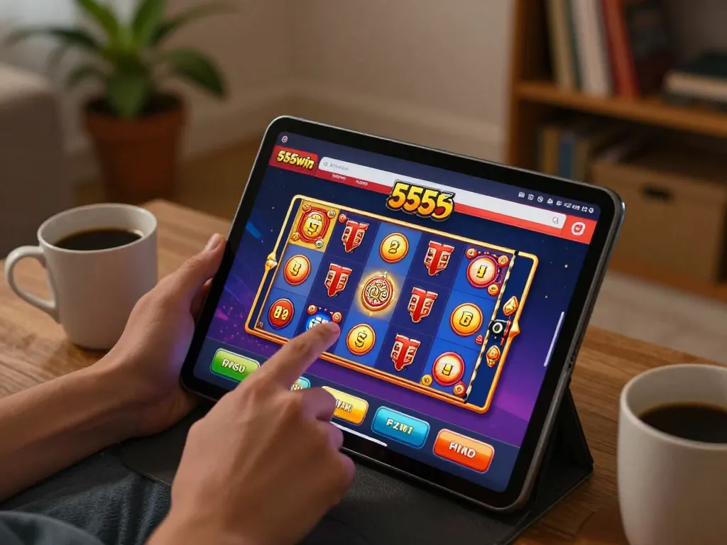 Engaged user explores 555win online slots on a tablet in a cozy home