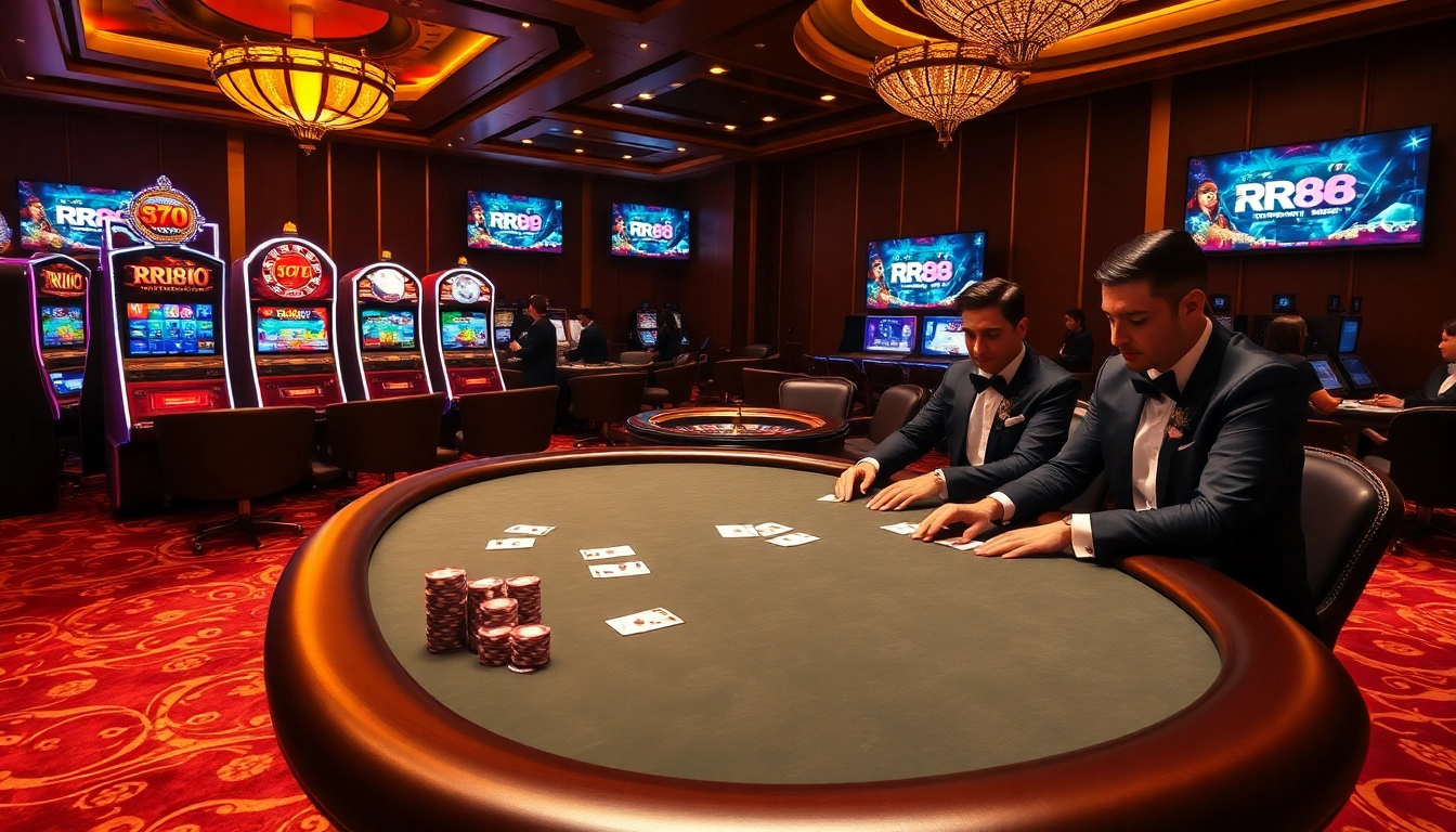 Experience the excitement of RR88 with a luxurious casino scene featuring high-stakes poker and slot machines.