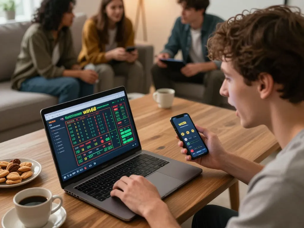 Betting with win68 on a laptop while analyzing stats on smartphone, bringing excitement to home entertainment