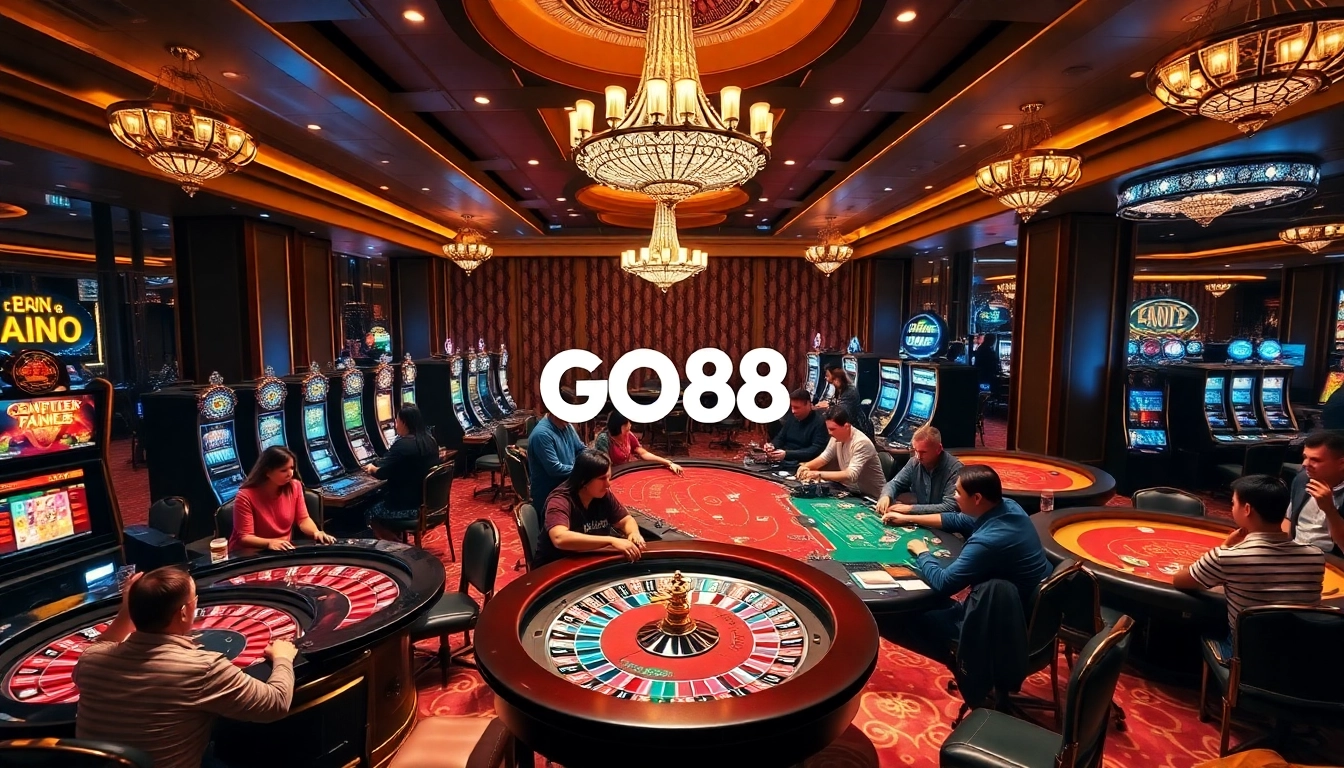 GO88 casino scene with players enjoying roulette and slot machines in a vibrant atmosphere.