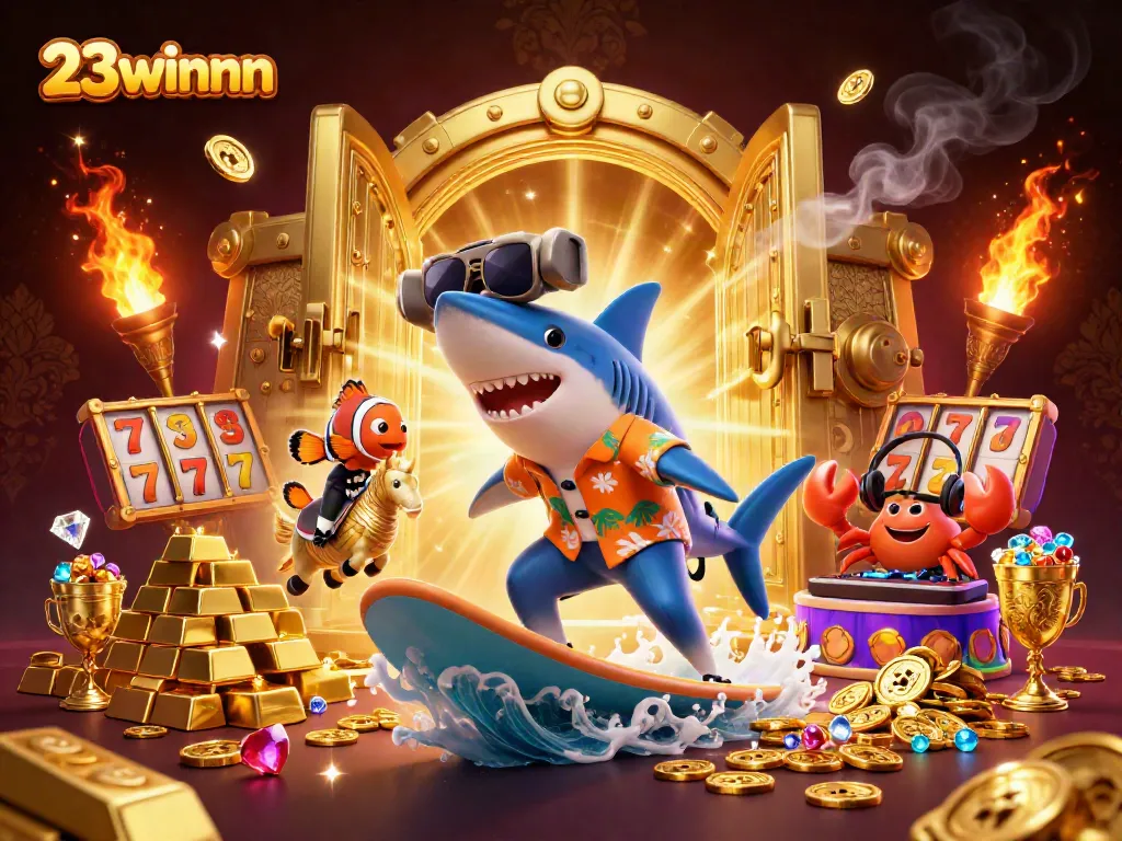 Engage with the vibrant 23winnn casino scene filled with 3D characters and sparkling gold.