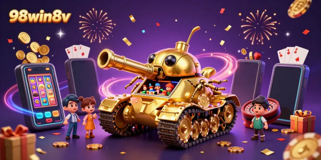 Experience excitement with 98win8v, featuring a whimsical golden beetle tank casino and energetic game elements.
