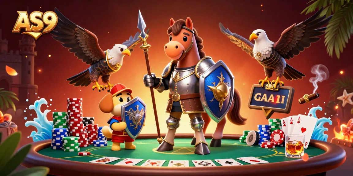 Experience thrilling poker action at AS9 with knights and characters in a vibrant casino setting.